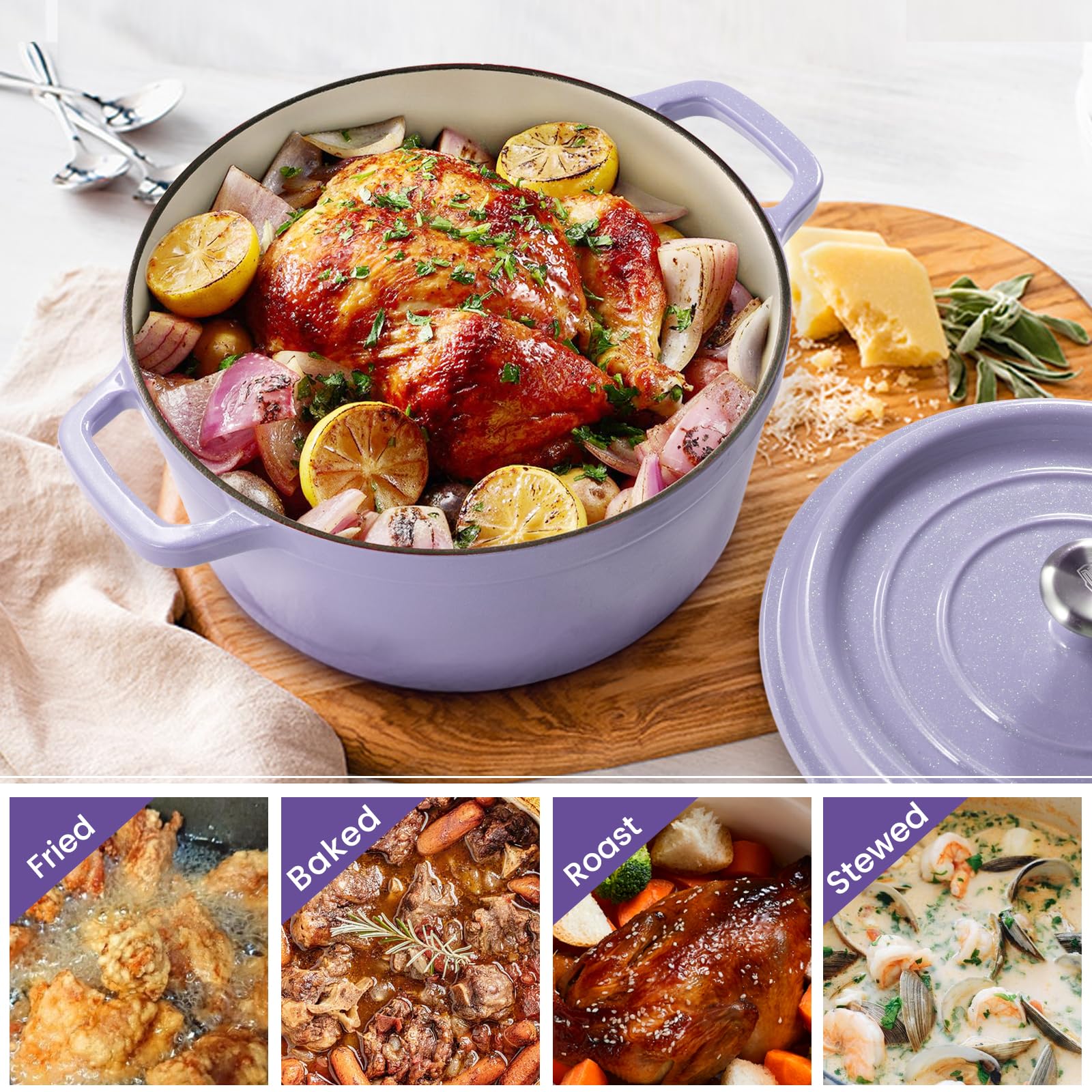 ROYDX Dutch Oven Pot with Lid, Enameled Cast Iron Coated Dutch Oven,Casserole Dish, Braiser Pan with Dual Handles for Bread Baking, Cooking, Oven Safe,All Stovetop (6 Quart, Purple)