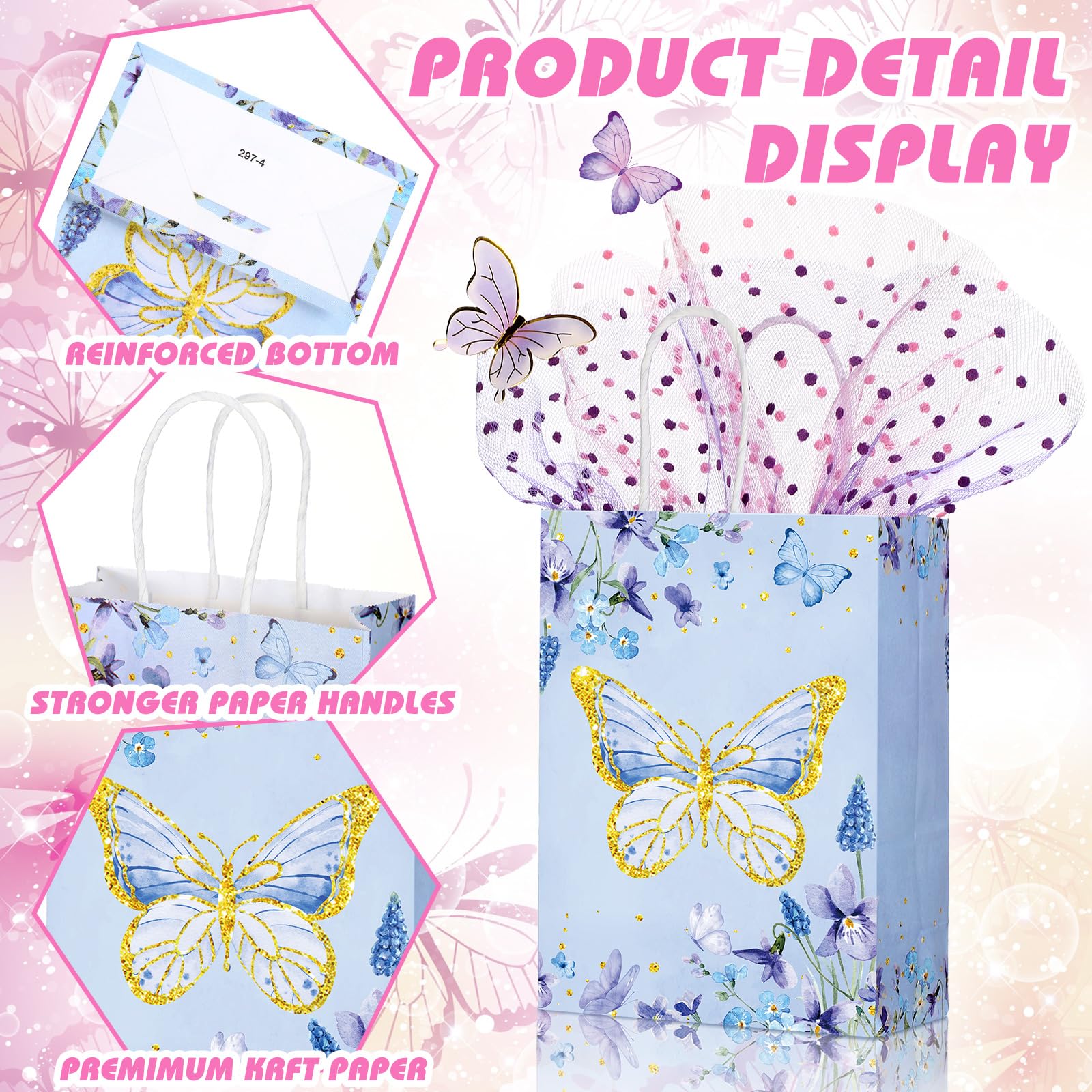 Outus 24 Pcs Butterfly Party Favors Bags Purple Blue Butterfly Gift Goodie Bags Butterfly Paper Bags Pink Butterfly Thank You Candy Treat Bags with Handles for Butterfly Birthday Party Decor Supplies