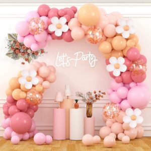 daisy balloon garland pink blush pastel orange white balloons with flower clips rose gold confetti balloon arch kit for boho daisy baby shower party decorations