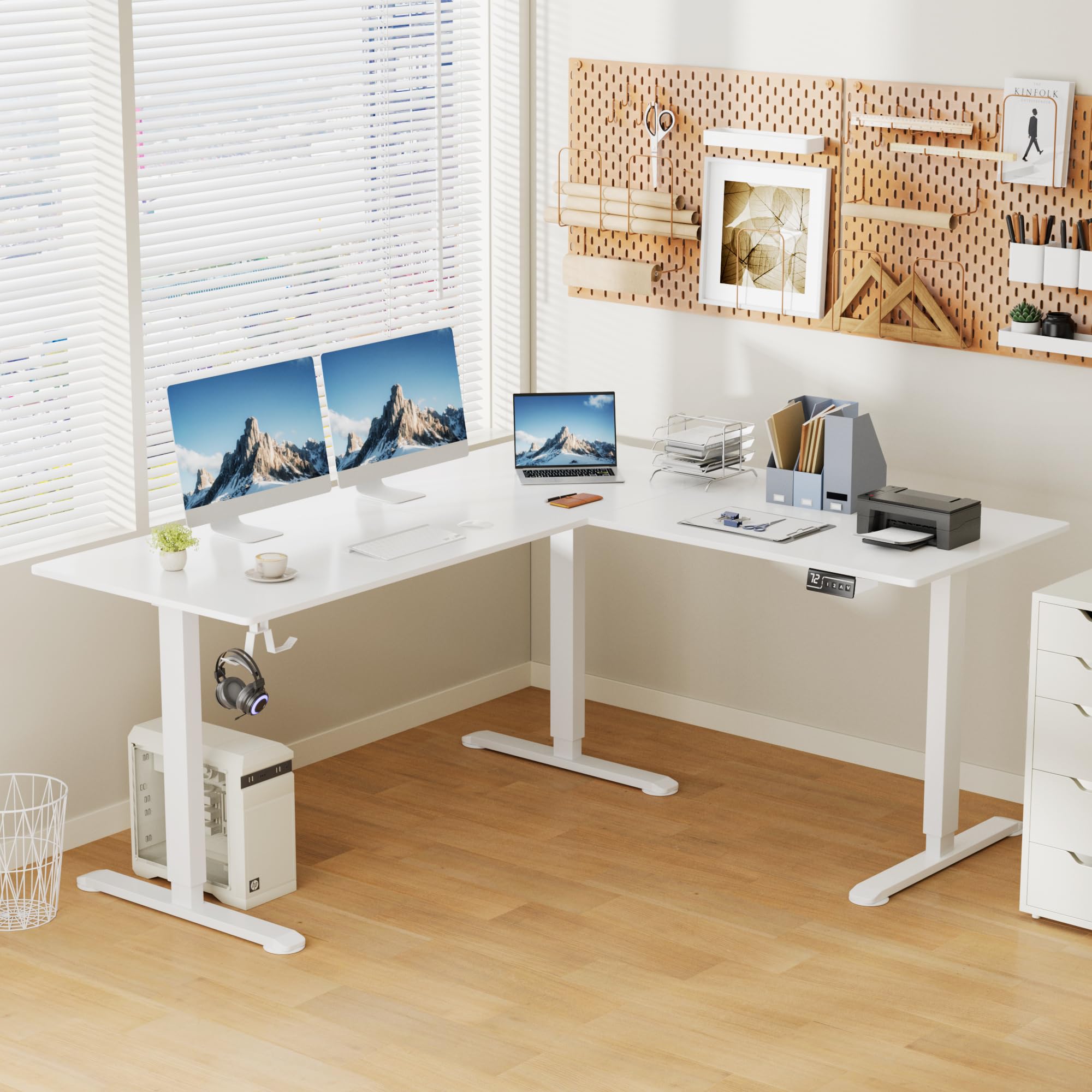 Shahoo L-Shaped Corner Standing Desk, Electric Height Adjustable Table, Home Office Workstation, 63 x 55 Inch, White