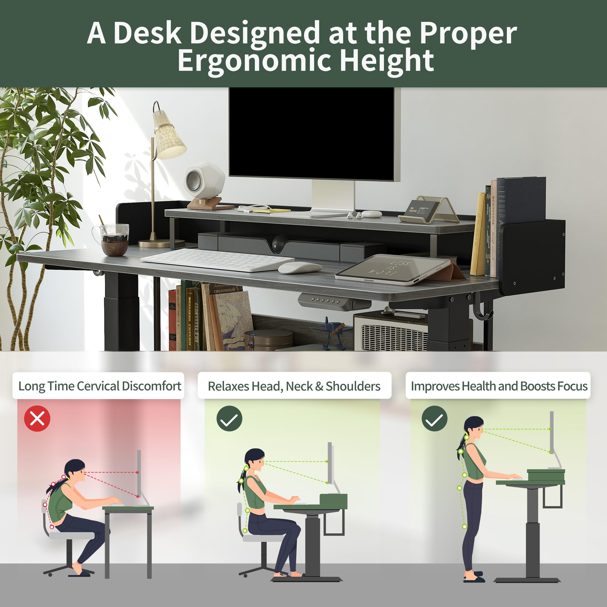 FEZIBO 48" Electric Standing Desk with Shelves, 48 x 24 Inch Sit Stand Rising Desk with Monitor Stand and Storage, Ergonomic Home Office Computer Desk, Rustic