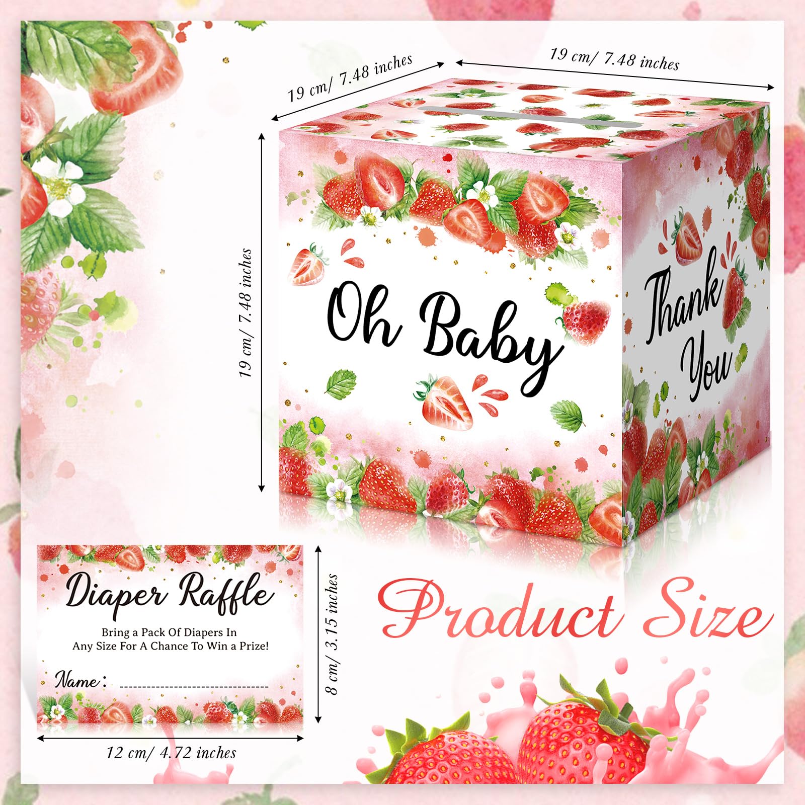 Jetec 50 Pcs Sweet Strawberry Diaper Raffle Tickets with Diaper Raffle Box Strawberry Baby Shower Decoration Diaper Raffle Game Kit Baby Shower Holder Box for Girl Gender Reveal Party Favor Supply