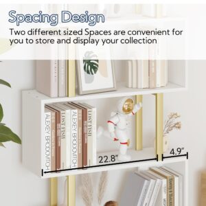 Yusong Geometric Bookcase, S Shaped Bookshelf 6-Tier Book Shelves for Bedroom, Modern Wood Decorative Display Shelf Tall Book Case for Home Office, Gold and White