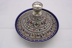 moroccan tagine. unique serving tagine with classic silver accent. luxurious handmade dish pot for serving food. traditional moroccan culinary experience, made from high-quality, heat-resistant clay. made for serving only. (blue and green 12")