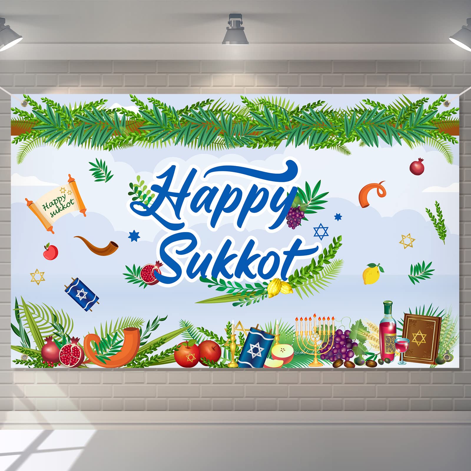 Newwiee Happy Sukkot Party Banner 71 x 43 Inch Sukkot Backdrop Banner Sukkah Decoration Etrog Lulav Jewish Tapestry Decorations Photography Background Wall Decoration for Photo Booth Wedding Birthday