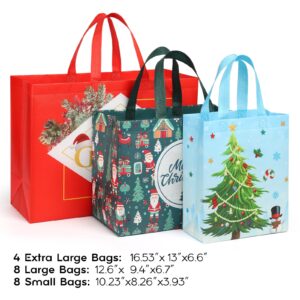 YANGTE 20 Pack Christmas Gift Bags Assorted Sizes With Handle, Non-Woven Christmas Tote Bags for Gifts Wrapping (4 Extra Large, 8 Large, 8 Medium)