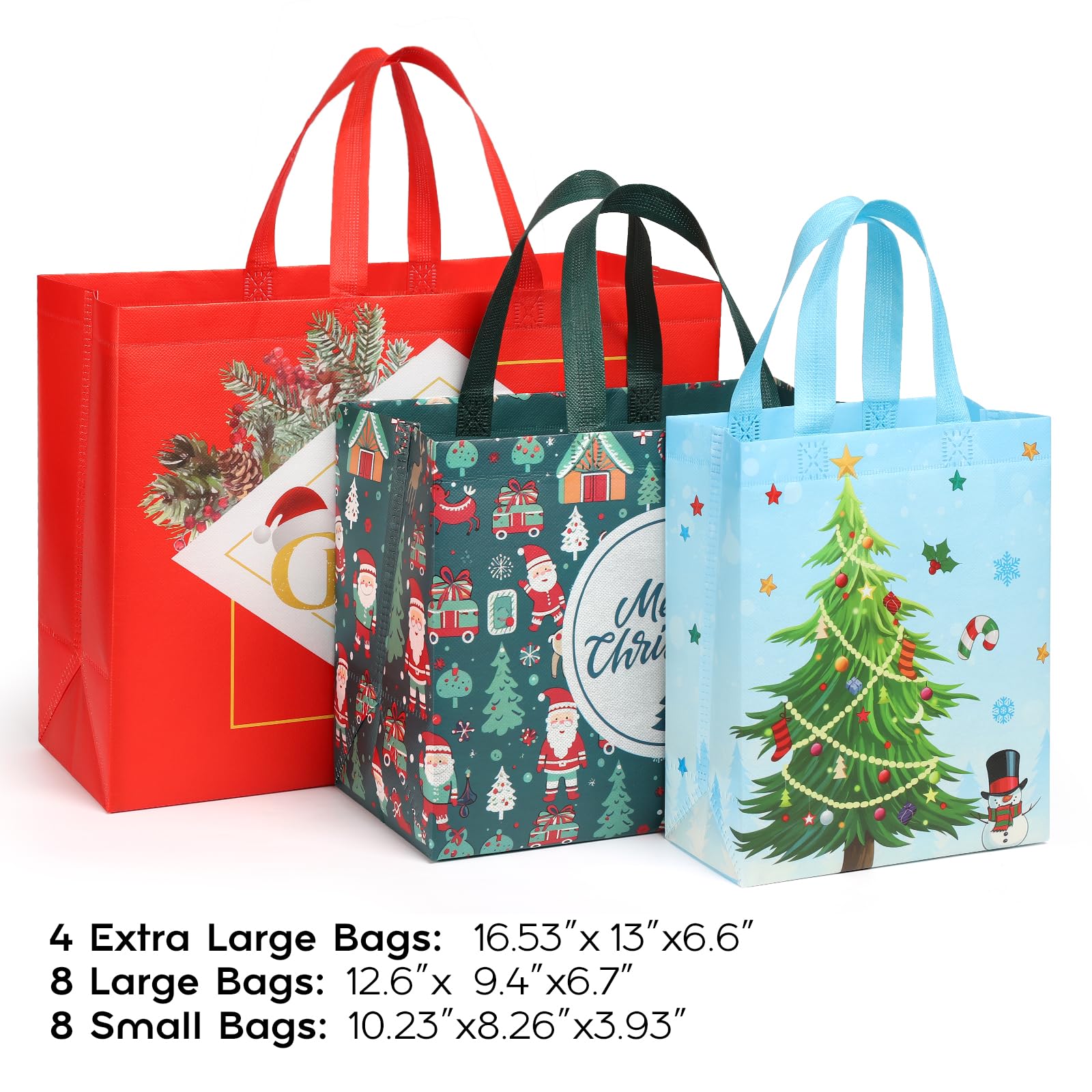 YANGTE 20 Pack Christmas Gift Bags Assorted Sizes With Handle, Non-Woven Christmas Tote Bags for Gifts Wrapping (4 Extra Large, 8 Large, 8 Medium)