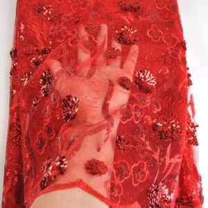 SanVera17 African Fabric 3D Sequins Net Fabrics Nigerian Embroidered Lace Fabric for Party Dress (Red) 5 Yards