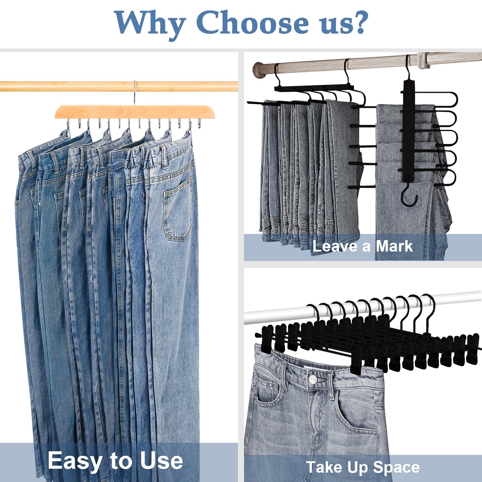 Jean Hangers for Closet, 14 Wood Jeans Hooks Space Saving, 180° Rotating Jean Hangers Holder for Jeans/Skirts/Shorts/Belts/Ties, Closet Organizers and Storage, Pants Hooks for Jeans, 2 Pack, Natrual