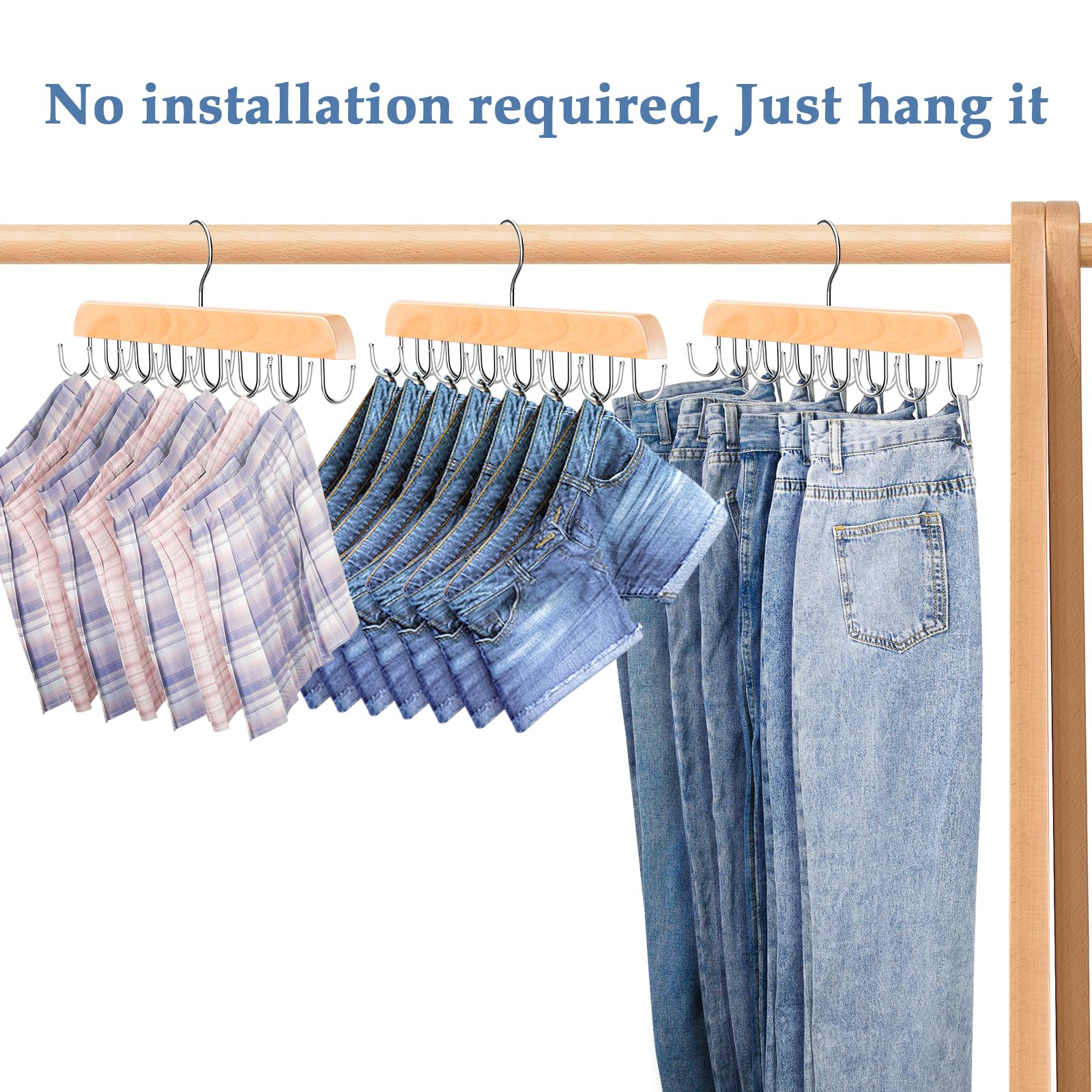 Jean Hangers for Closet, 14 Wood Jeans Hooks Space Saving, 180° Rotating Jean Hangers Holder for Jeans/Skirts/Shorts/Belts/Ties, Closet Organizers and Storage, Pants Hooks for Jeans, 2 Pack, Natrual