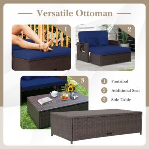 COSTWAY Patio Rattan Daybed with Cushions, Outdoor Wicker Loveseat Sofa with Storage Ottoman, 4-Level Adjustable Backrest, Bed Lounger for Yard, Balcony, Porch, Garden, Pool, Navy