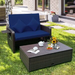 COSTWAY Patio Rattan Daybed with Cushions, Outdoor Wicker Loveseat Sofa with Storage Ottoman, 4-Level Adjustable Backrest, Bed Lounger for Yard, Balcony, Porch, Garden, Pool, Navy