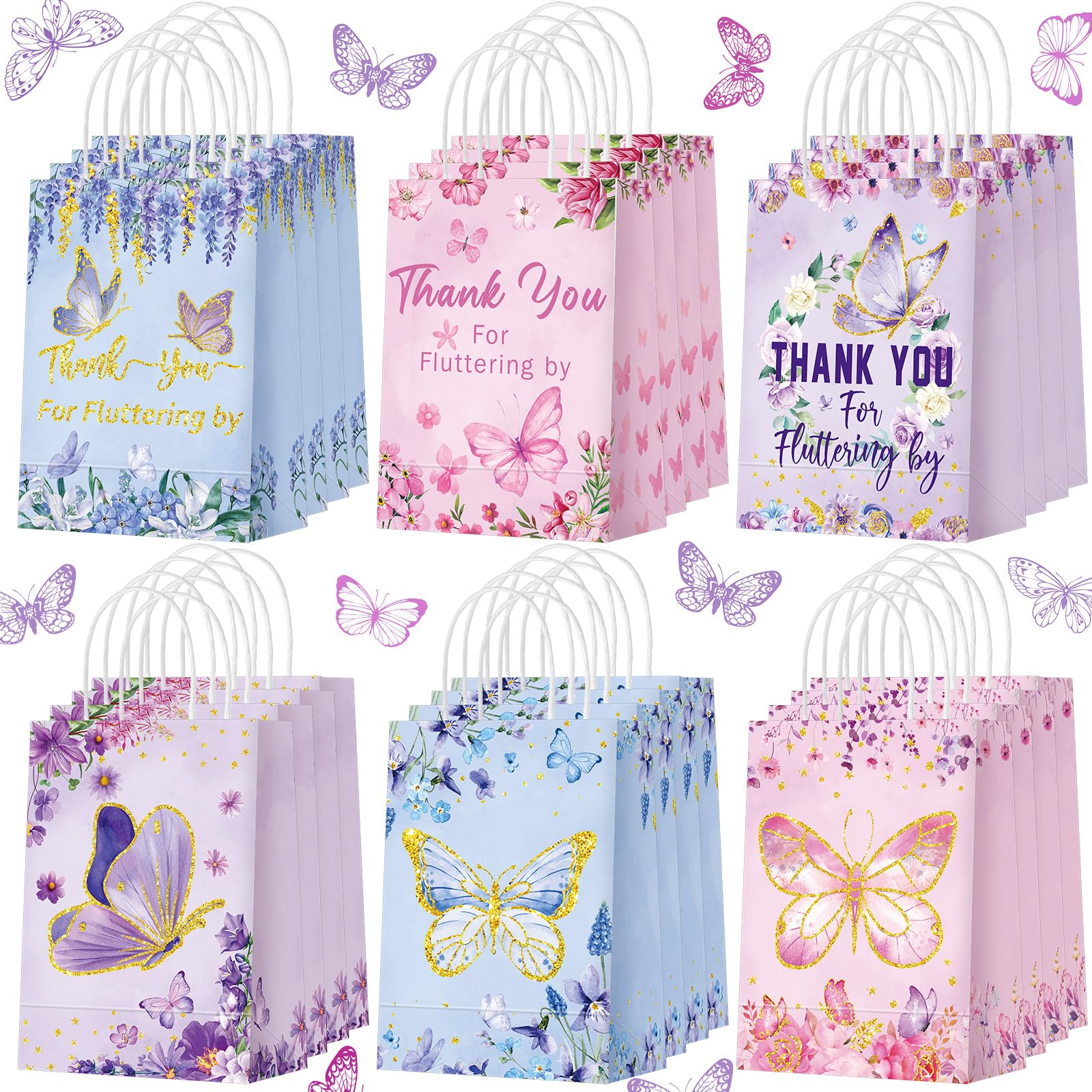 Outus 24 Pcs Butterfly Party Favors Bags Purple Blue Butterfly Gift Goodie Bags Butterfly Paper Bags Pink Butterfly Thank You Candy Treat Bags with Handles for Butterfly Birthday Party Decor Supplies