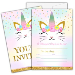 ycyfckdr caticorn birthday invitations for kids, kitty unicorn birthday party invitation cards, rainbow cat floral party celebration supplies decoration -20 fill in invitations with envelopes (b03)