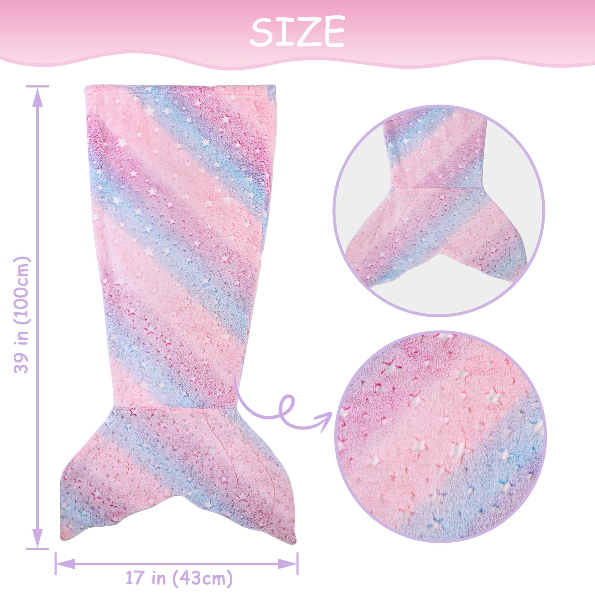 Softan Kids Mermaid Tail Blanket,Glow in The Dark Blanket for Girls, Soft Flannel Fleece Toddler Mermaid Blanket with Glitering Stars and Rainbow Ombre Fish Scale Design - 17" x 39"