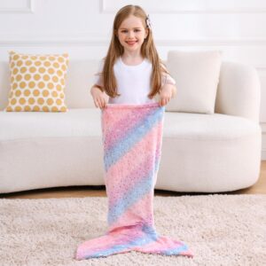 Softan Kids Mermaid Tail Blanket,Glow in The Dark Blanket for Girls, Soft Flannel Fleece Toddler Mermaid Blanket with Glitering Stars and Rainbow Ombre Fish Scale Design - 17" x 39"