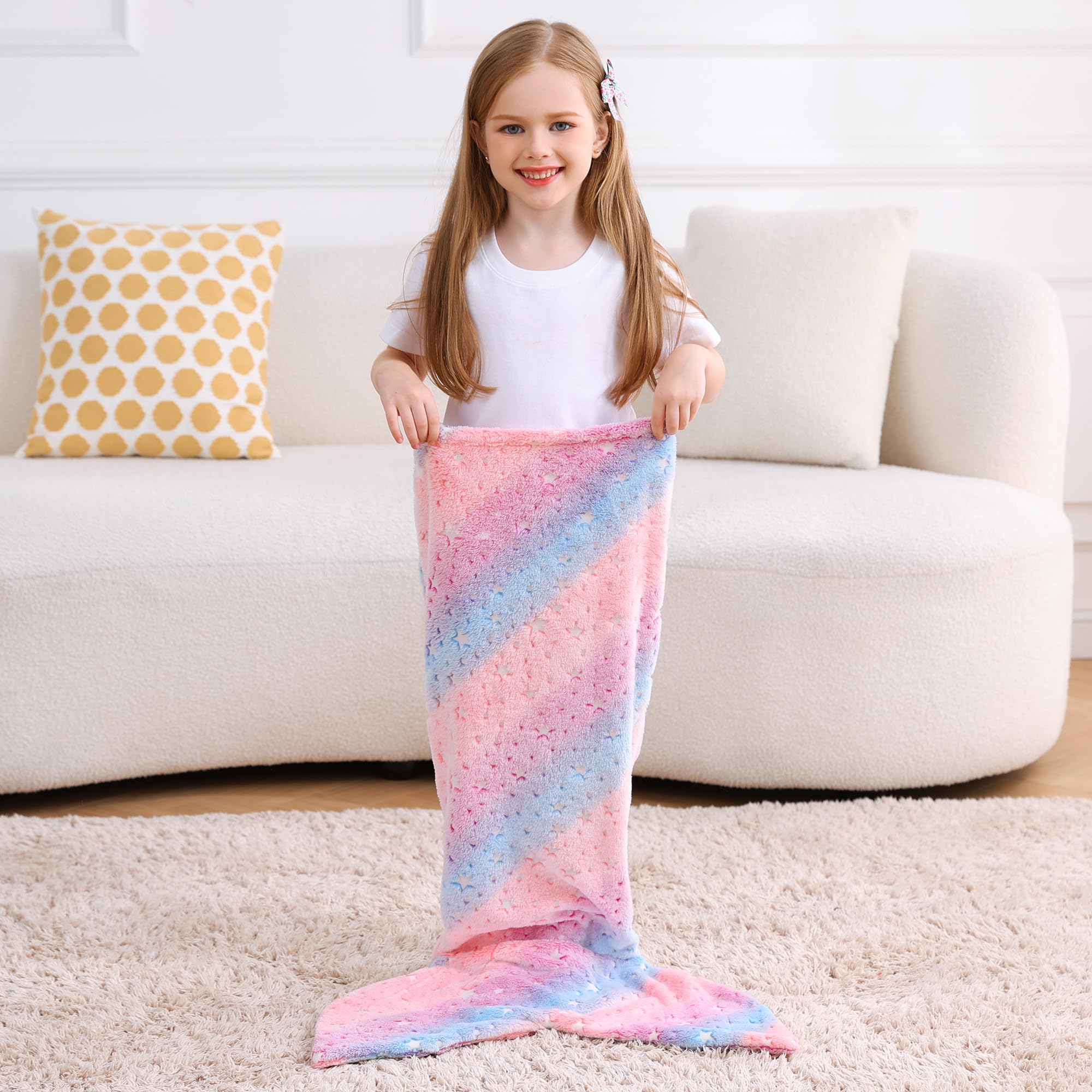 Softan Kids Mermaid Tail Blanket,Glow in The Dark Blanket for Girls, Soft Flannel Fleece Toddler Mermaid Blanket with Glitering Stars and Rainbow Ombre Fish Scale Design - 17" x 39"