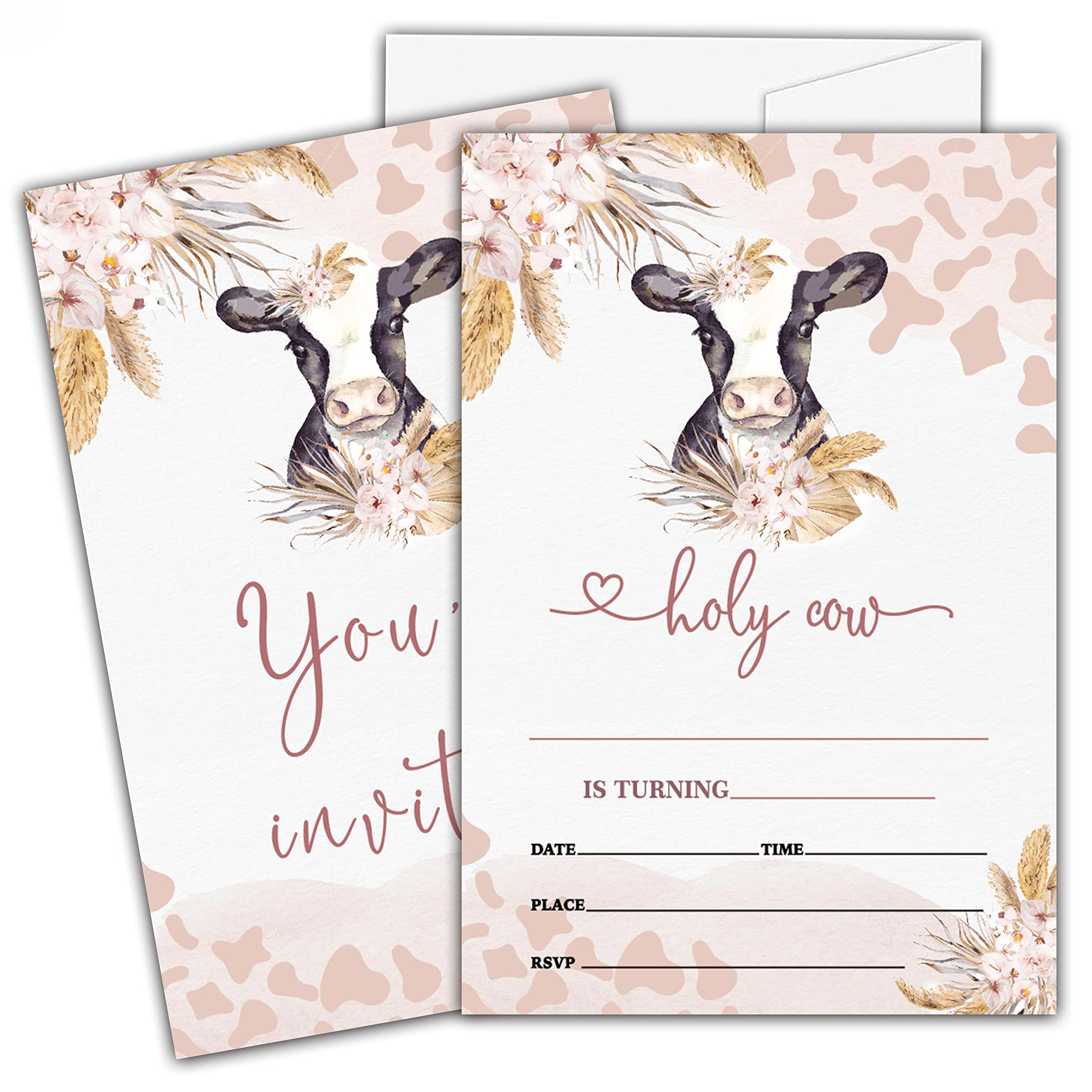 Ycyfckdr Holy Cow Birthday Invitations for Kids, Boho Birthday Party Invitation Cards, Pampas Grass Party Celebration Supplies Decoration -20 Fill in Invitations with Envelopes (B04)