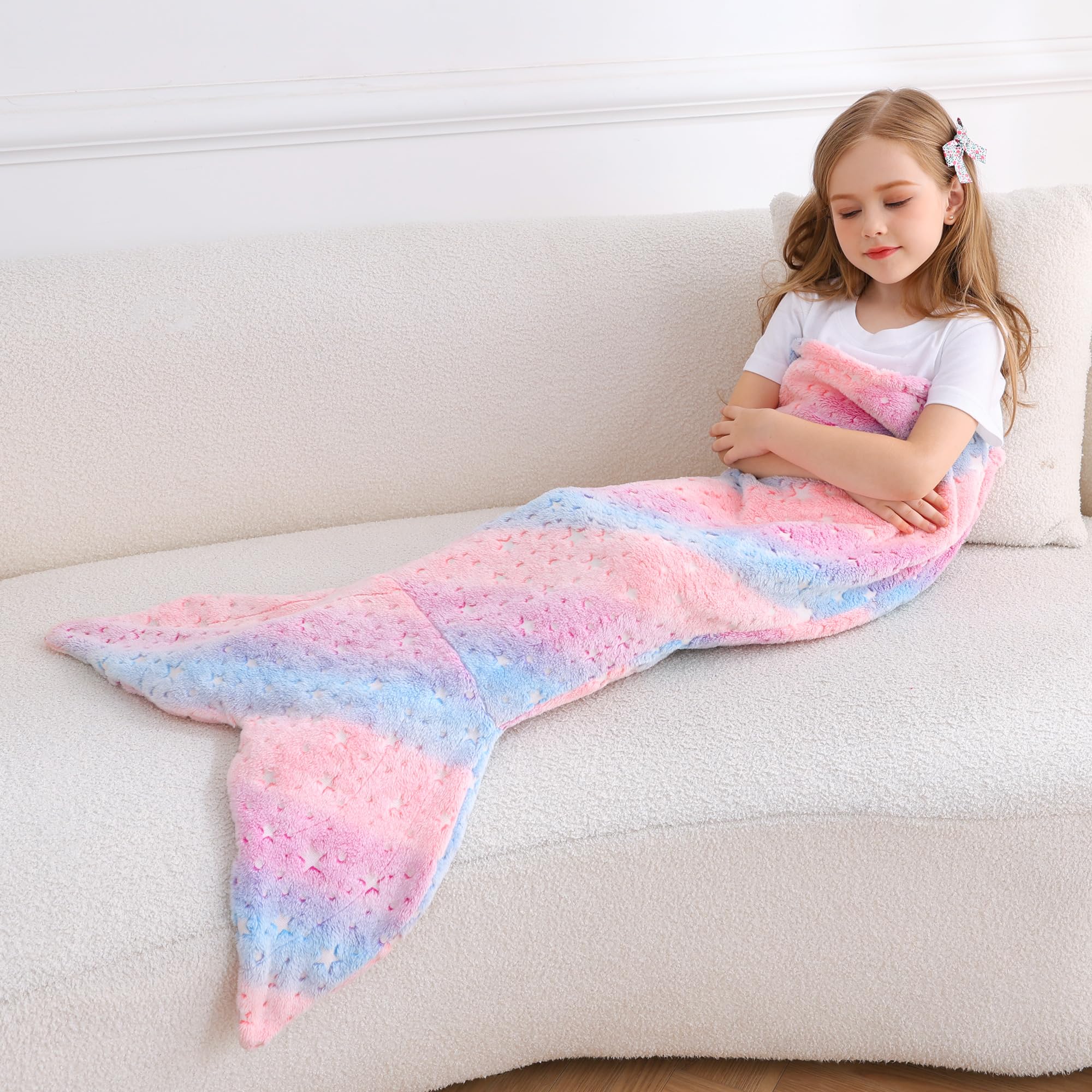 Softan Kids Mermaid Tail Blanket,Glow in The Dark Blanket for Girls, Soft Flannel Fleece Toddler Mermaid Blanket with Glitering Stars and Rainbow Ombre Fish Scale Design - 17" x 39"