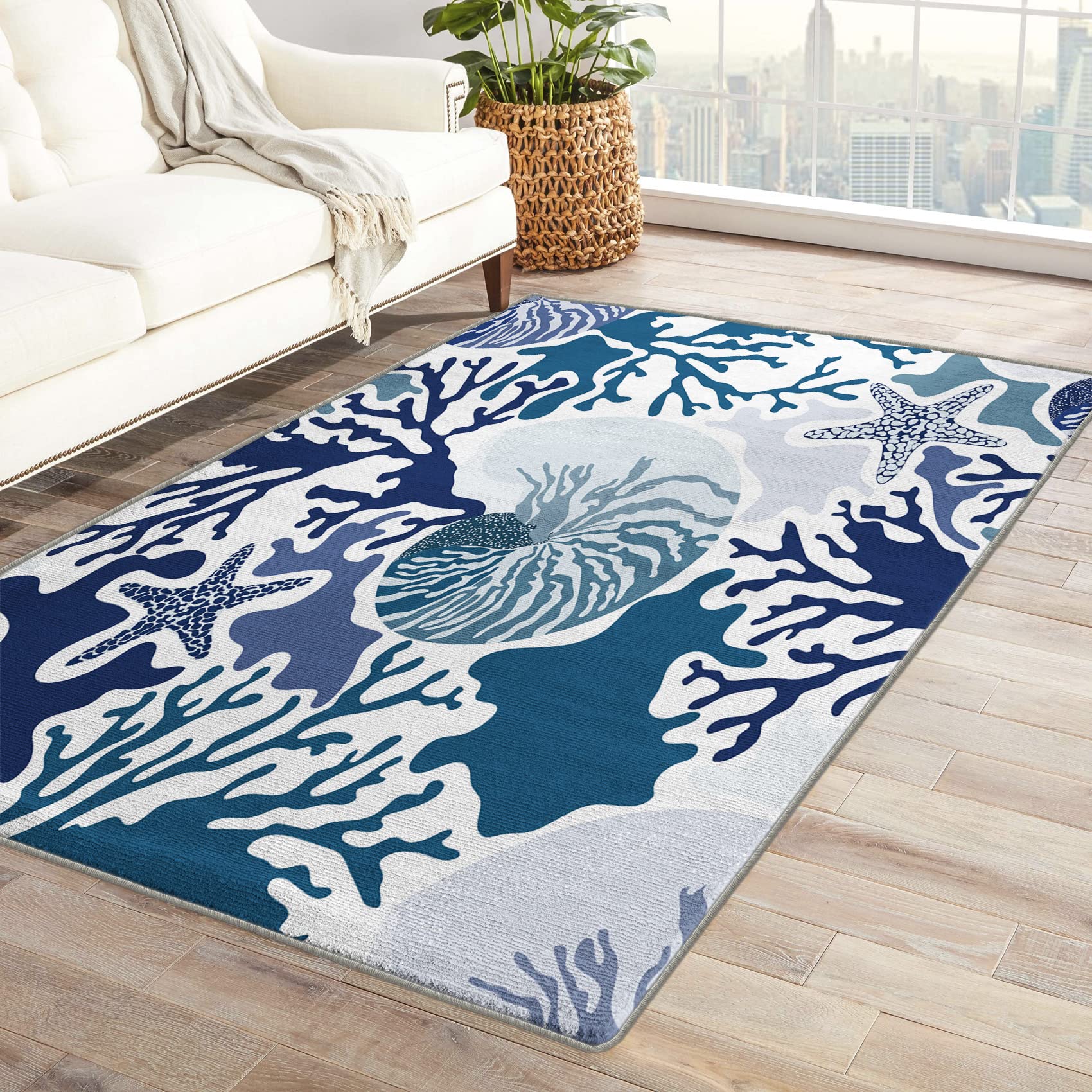 ZDABAOEC Coastal Rug, 2x3 Rug, Ocean Nautical Area Rugs for Bedroom Living Room, Beach Theme Coral Starfish Patterned Small Rug, Washable & Non Slip Indoor Floor Carpet Home Decor