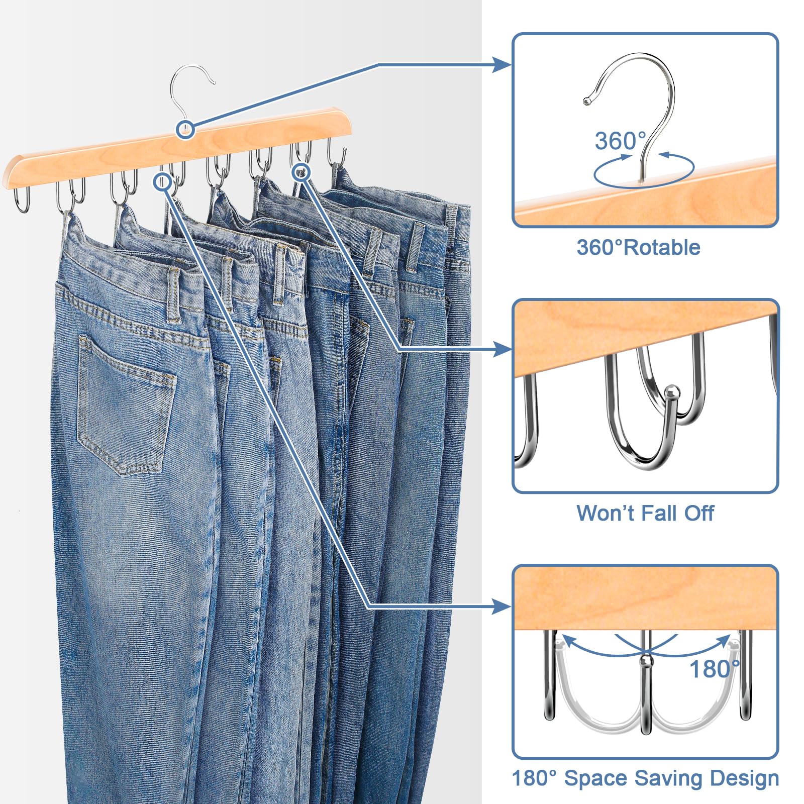 Jean Hangers for Closet, 14 Wood Jeans Hooks Space Saving, 180° Rotating Jean Hangers Holder for Jeans/Skirts/Shorts/Belts/Ties, Closet Organizers and Storage, Pants Hooks for Jeans, 2 Pack, Natrual