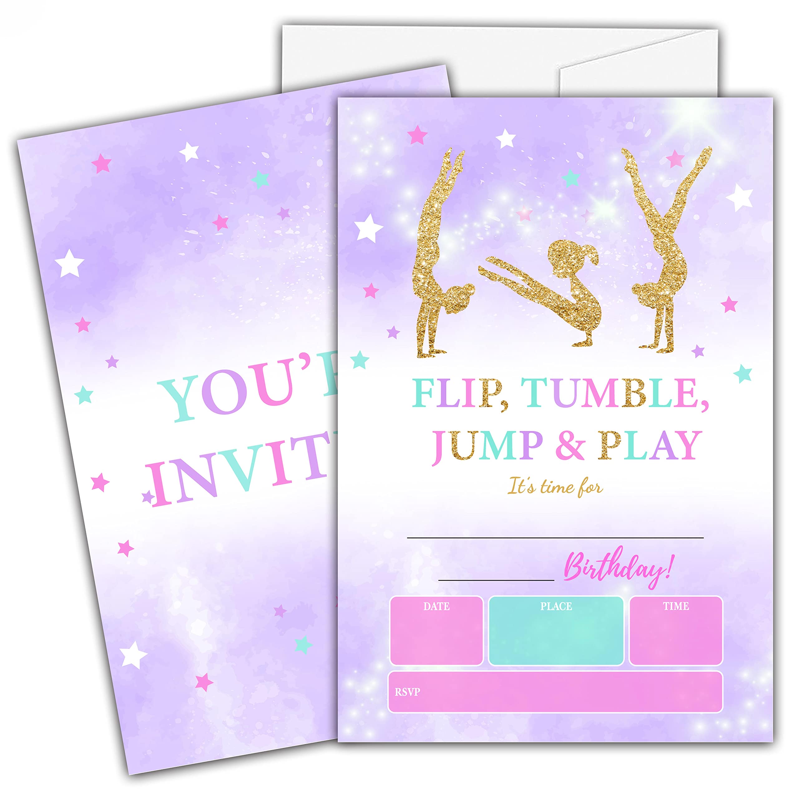 Gymnastics Birthday Invitations for Kids, Gold Glitter Birthday Party Invitation Cards, Jump Tumble and Play Party Celebration Supplies Decoration -20 Fill in Invitations with Envelopes (B17)