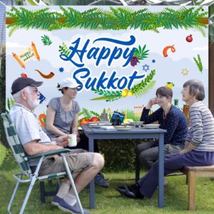 Newwiee Happy Sukkot Party Banner 71 x 43 Inch Sukkot Backdrop Banner Sukkah Decoration Etrog Lulav Jewish Tapestry Decorations Photography Background Wall Decoration for Photo Booth Wedding Birthday