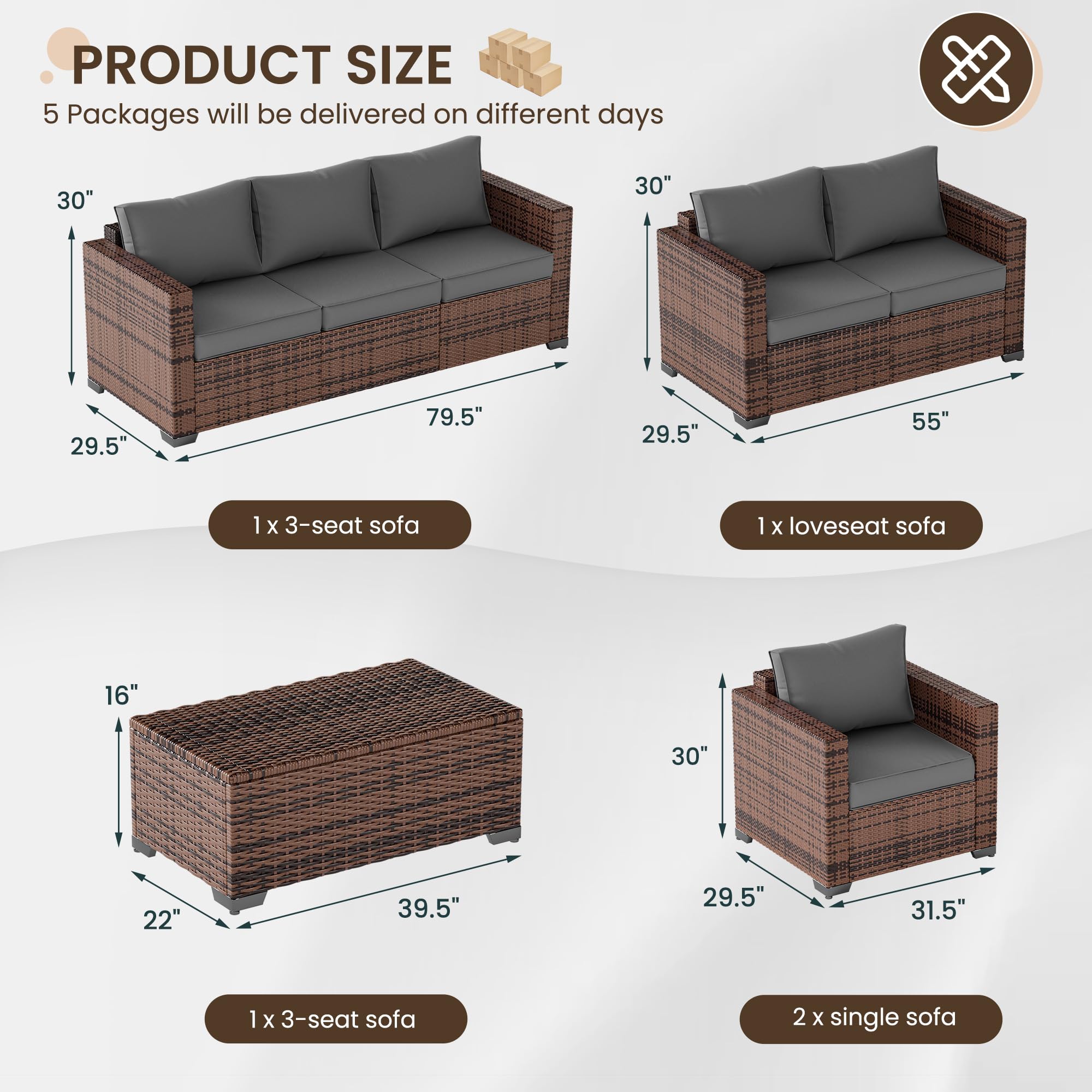 VONZOY Outdoor Patio Furniture Set, 5 Piece Patio Conversation Sets with Storage Table, Wide Armrest Outside Sectional Sofa with Waterproof Covers for Backyard, Porch, Balcony, Poolside(Grey)