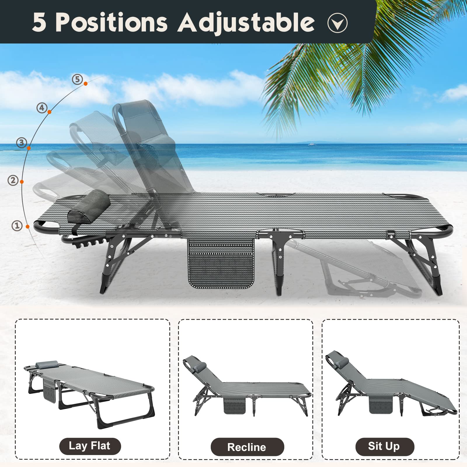 MOPHOTO Folding Lounge Chair 5-Position, Folding Cot, Portable Outdoor Folding Chaise Lounge Chair for Sun Tanning, Perfect for Pool Beach Patio Sunbathing