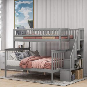 harper & bright designs twin over full bunk beds with stairs, wood bunk bed with storage and guard rails,bunk beds twin over full size for kids, bedroom, dorm, teens, adults, grey