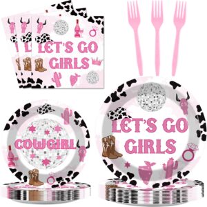 96pcs lets go girls bachelorette party tableware set western cowgirl party supplies plates napkins fork printing bachelorette bridal shower party supplies for bachelorette party serves 24 guests