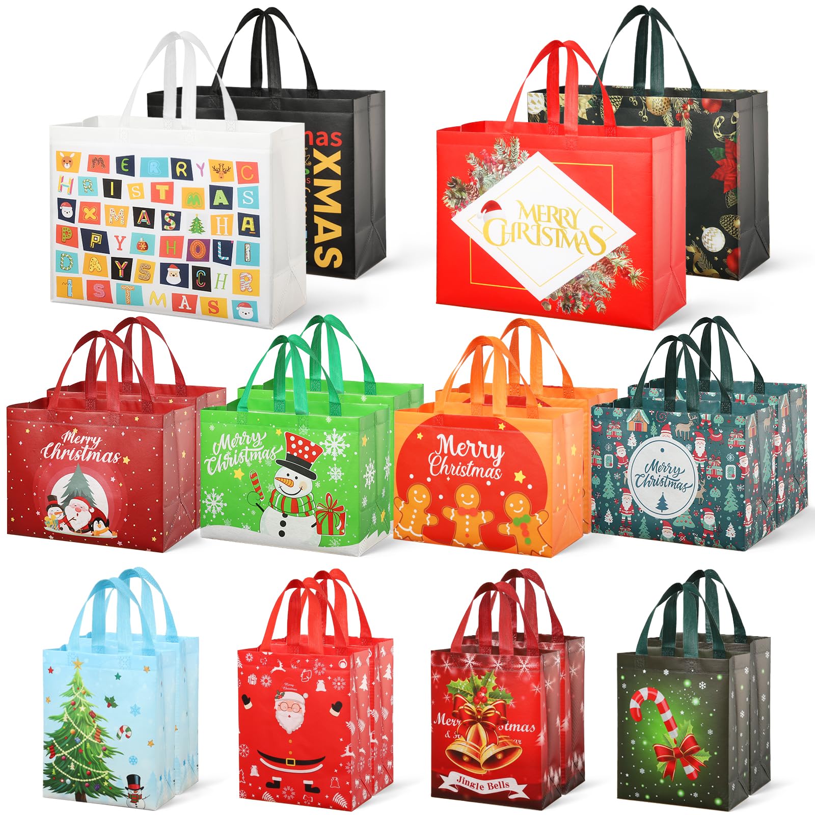 YANGTE 20 Pack Christmas Gift Bags Assorted Sizes With Handle, Non-Woven Christmas Tote Bags for Gifts Wrapping (4 Extra Large, 8 Large, 8 Medium)