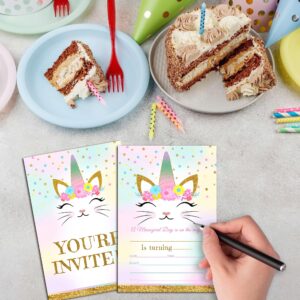 Ycyfckdr Caticorn Birthday Invitations for Kids, Kitty Unicorn Birthday Party Invitation Cards, Rainbow Cat Floral Party Celebration Supplies Decoration -20 Fill in Invitations with Envelopes (B03)