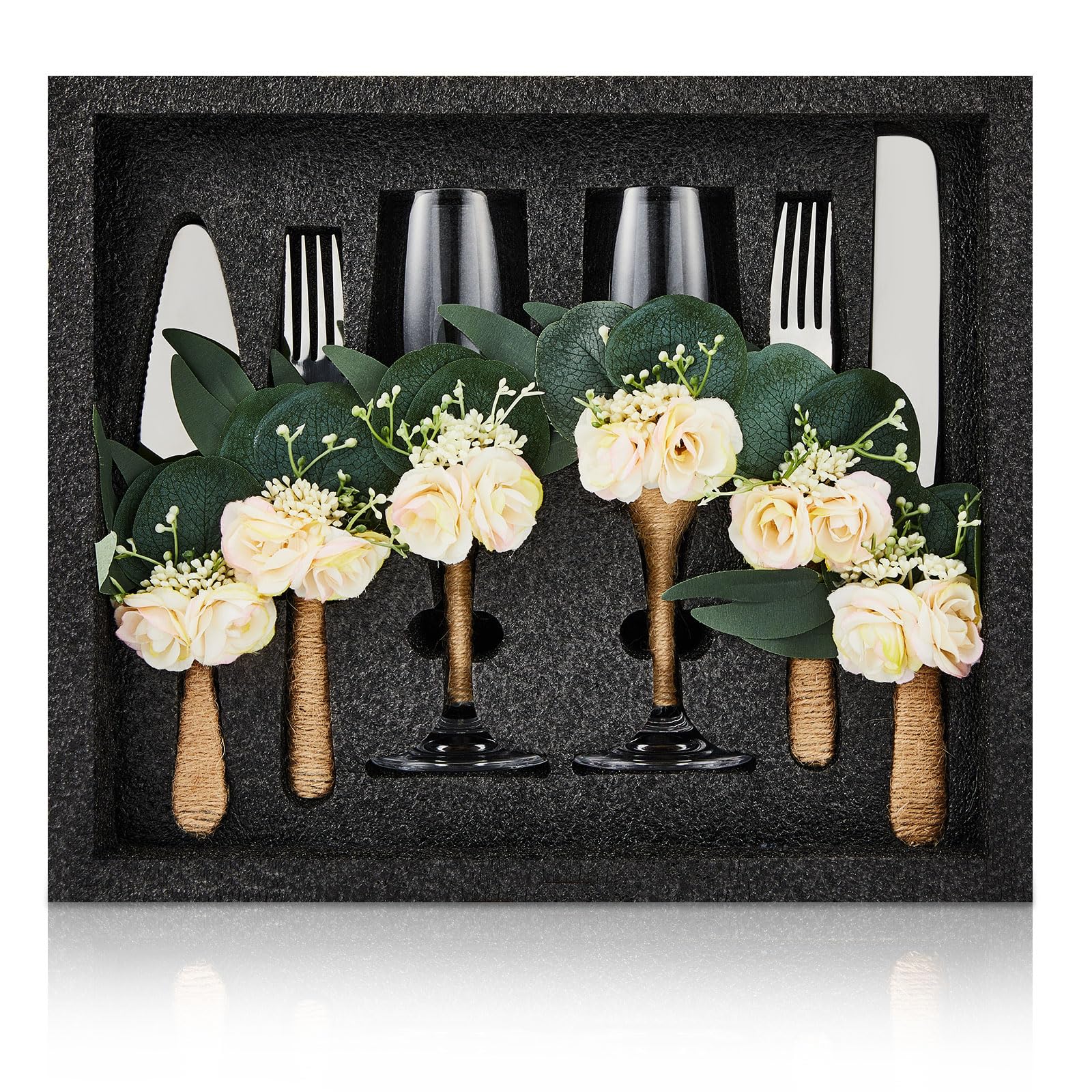 Lallisa 6 Pcs Wedding Cake Knife and Server Set Stainless Steel Cake Knife, Pie Server, 2 Pcs Forks and 2 Pcs Champagne Glasses with Eucalyptus Leaves and Roses Wedding Decorations for Bride Gifts