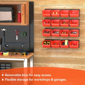 TNINE 16-Pack Plastic Wall-Mounted Stackable Storage Bins with 4 Steel Rails - Tool Organizer for Garage or Workshop