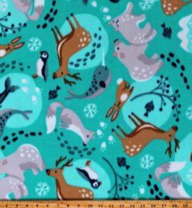 fleece polar pals winter woodland animals deer bunnies penguins polar bears narwhals foxes seals kids turquoise fleece fabric print by the yard (53677-1)