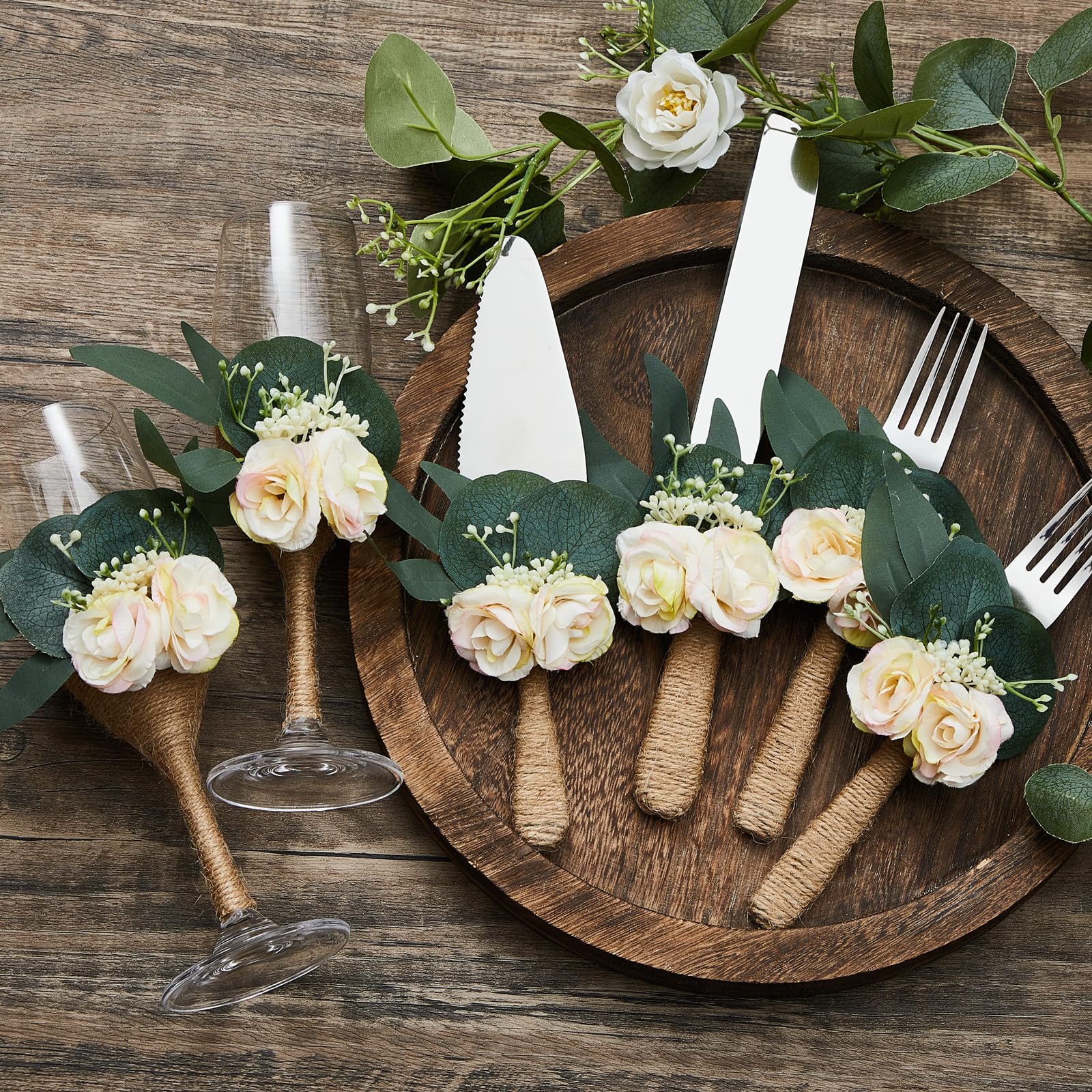 Lallisa 6 Pcs Wedding Cake Knife and Server Set Stainless Steel Cake Knife, Pie Server, 2 Pcs Forks and 2 Pcs Champagne Glasses with Eucalyptus Leaves and Roses Wedding Decorations for Bride Gifts