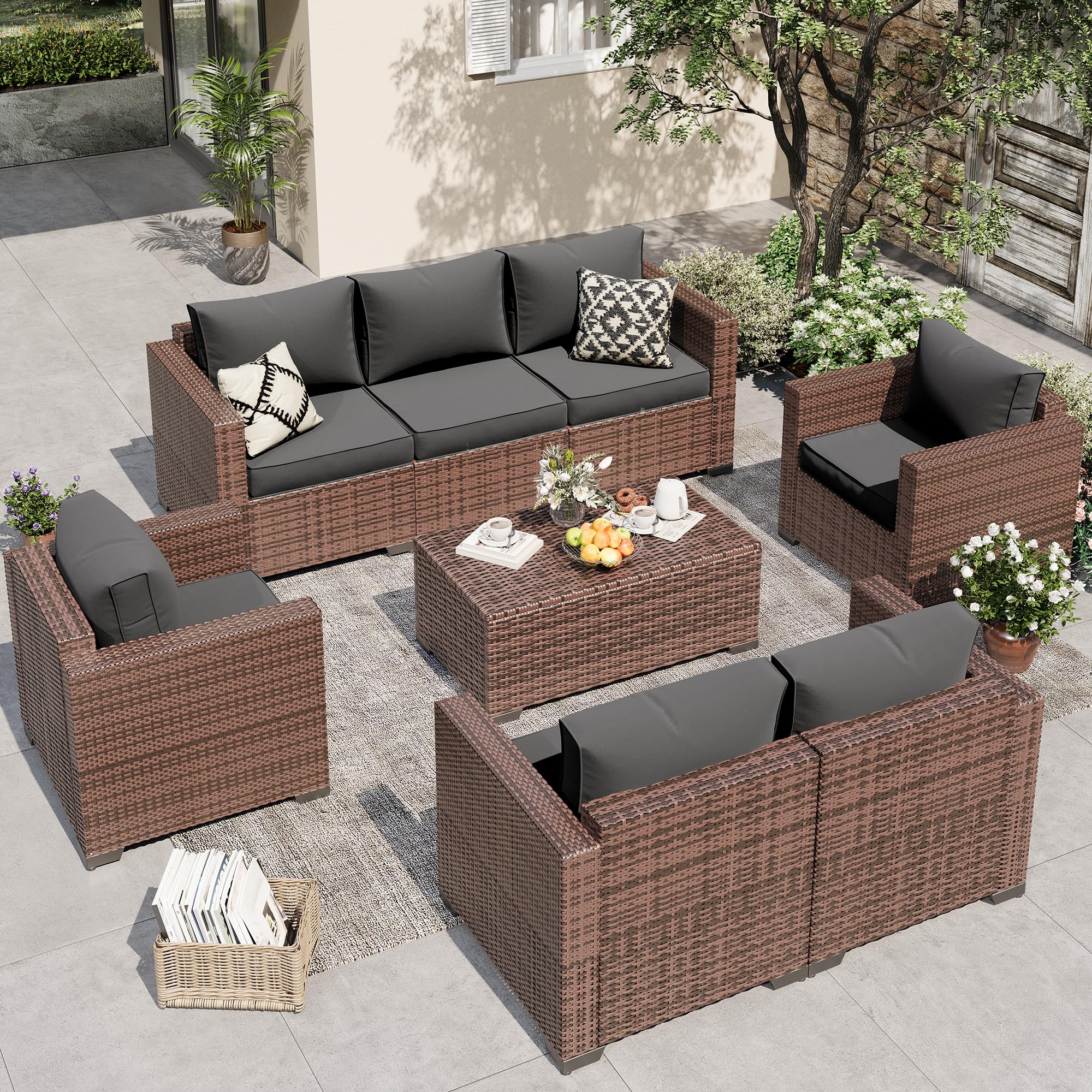 VONZOY Outdoor Patio Furniture Set, 5 Piece Patio Conversation Sets with Storage Table, Wide Armrest Outside Sectional Sofa with Waterproof Covers for Backyard, Porch, Balcony, Poolside(Grey)