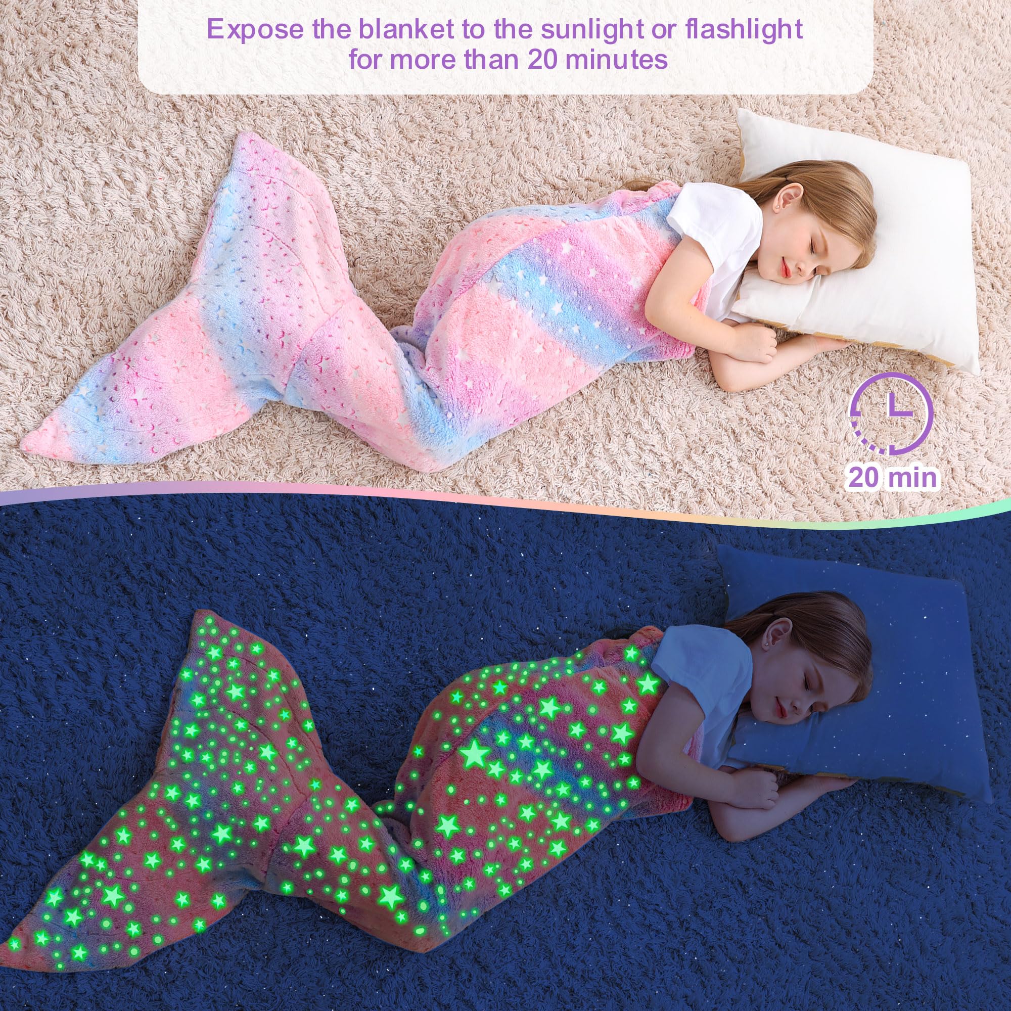 Softan Kids Mermaid Tail Blanket,Glow in The Dark Blanket for Girls, Soft Flannel Fleece Toddler Mermaid Blanket with Glitering Stars and Rainbow Ombre Fish Scale Design - 17" x 39"