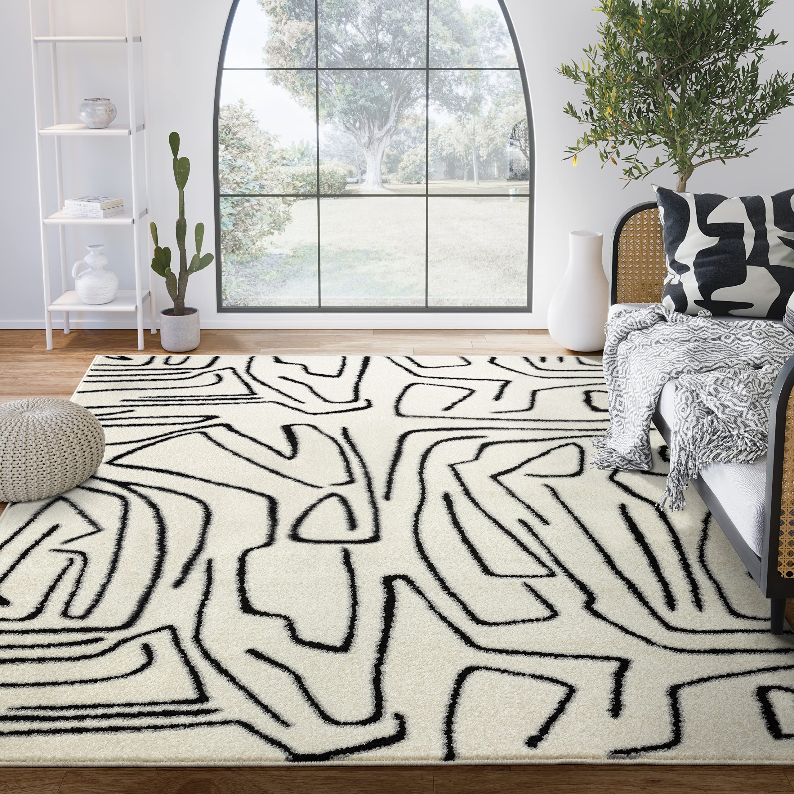 Abani Abstract Beige/Black Area Rug - 8'x10' - Modern Animal/Natural Lines Design - Deco Collection - Easy to Clean - Durable for High Traffic Areas - Living Room, Dining Room - Medium Pile