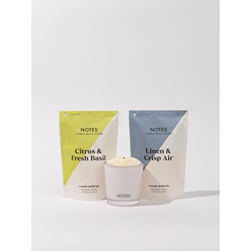 NOTES Sustainable Candle Starter Kit - Zesty Fresh Duo | Refillable & Reusable Candles | Fresh Scented Candles | 100% Natural Wax | Citrus & Fresh Basil and Linen & Crisp Air Candle Refills