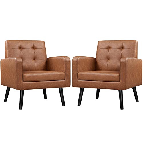 Yaheetech Mid-Century Accent Chairs, PU Leather Modern Upholstered Living Room Chair, Cozy Armchair Button Tufted Back and Wood Legs for Bedroom/Office/Cafe, Retro Brown 2 PCS