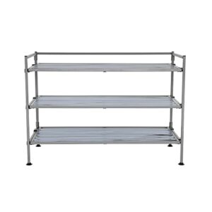 Seville Classics Sturdy Freestanding Storage Shelf for Bedroom, Closet, Entryway, Dorm Room Organizer Stackable Durable Metal Shoe Rack Silver Mist Slat, 3-Tier