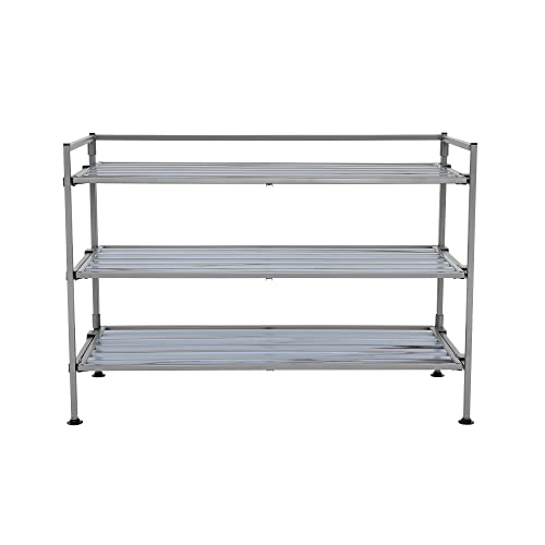 Seville Classics Sturdy Freestanding Storage Shelf for Bedroom, Closet, Entryway, Dorm Room Organizer Stackable Durable Metal Shoe Rack Silver Mist Slat, 3-Tier