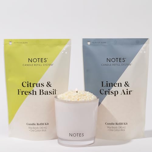 NOTES Sustainable Candle Starter Kit - Zesty Fresh Duo | Refillable & Reusable Candles | Fresh Scented Candles | 100% Natural Wax | Citrus & Fresh Basil and Linen & Crisp Air Candle Refills