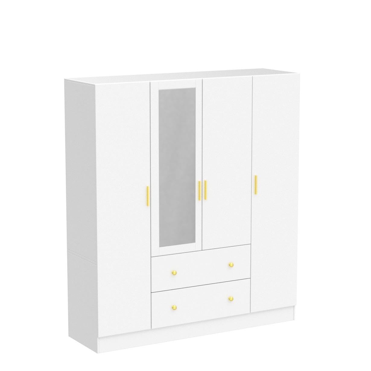 FAMAPY 4-Door Wardrobe Closet with Mirror, Armoires and Wardrobes with Drawers and Shelves, Armoire Wardrobe Closet with Hanging Rod, White (63”W x 19.7”D x 70.9”H)