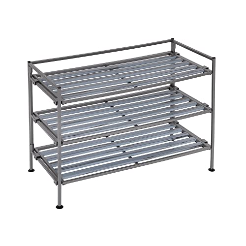 Seville Classics Sturdy Freestanding Storage Shelf for Bedroom, Closet, Entryway, Dorm Room Organizer Stackable Durable Metal Shoe Rack Silver Mist Slat, 3-Tier