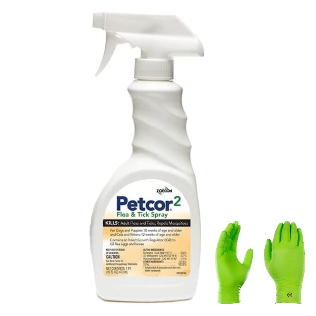 Petcor Pet Flea & Tick Spray - Easy-use Spray - Kill Ticks, lice, Fleas, and Mosquitoes on Dogs, Cats, Puppies, and Kittens | USA Supply Gloves | USA Supply Pest Identification Card