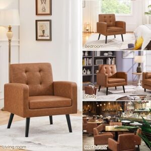 Yaheetech Mid-Century Accent Chairs, PU Leather Modern Upholstered Living Room Chair, Cozy Armchair Button Tufted Back and Wood Legs for Bedroom/Office/Cafe, Retro Brown 2 PCS