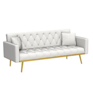 Convertible Velvet Futon Sofa Bed, 73-inch Sleeper Couch with 3 Reclining Angles, Living Room Loveseat Sofa with Golden Tapered Metal Legs, White